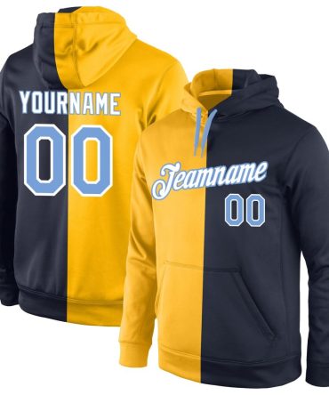Custom Gold Light Blue-Navy Split Fashion Sports Pullover Sweatshirt Hoodie, Gift For Football, Baseball, Hockey, Basketball, Softball & Rugby Fans