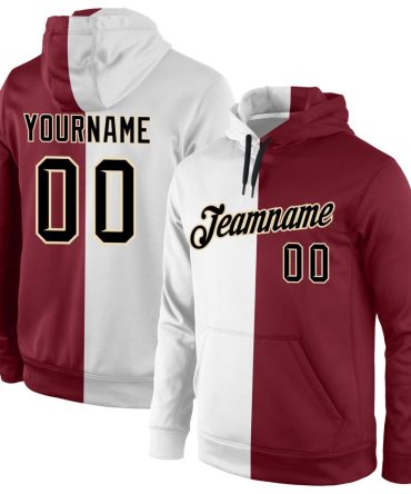 Custom White Black-Crimson Split Fashion Sports Pullover Sweatshirt Hoodie, Gift For Football, Baseball, Hockey, Basketball, Softball & Rugby Fans