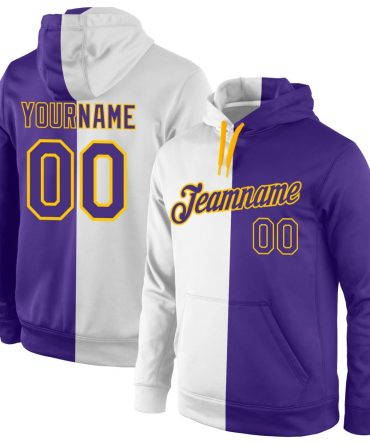 Custom White Purple-Gold Split Fashion Sports Pullover Sweatshirt Hoodie, Gift For Football, Baseball, Hockey, Basketball, Softball & Rugby Fans