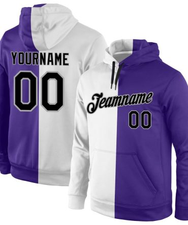 Custom White Black-Purple Split Fashion Sports Pullover Sweatshirt Hoodie, Gift For Football, Baseball, Hockey, Basketball, Softball & Rugby Fans