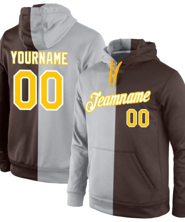 Custom Gray Gold-Brown Split Fashion Sports Pullover Sweatshirt Hoodie, Gift For Football, Baseball, Hockey, Basketball, Softball & Rugby Fans