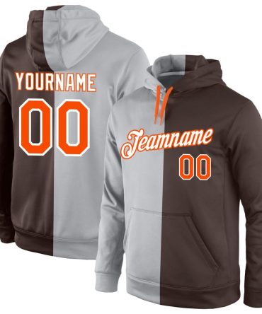 Custom Gray Orange-Brown Split Fashion Sports Pullover Sweatshirt Hoodie, Gift For Football, Baseball, Hockey, Basketball, Softball & Rugby Fans