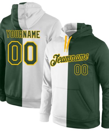 Custom White Green-Gold Split Fashion Sports Pullover Sweatshirt Hoodie, Gift For Football, Baseball, Hockey, Basketball, Softball & Rugby Fans