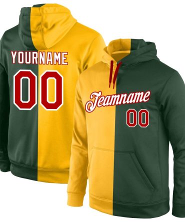 Custom Gold Red-Green Split Fashion Sports Pullover Sweatshirt Hoodie, Gift For Football, Baseball, Hockey, Basketball, Softball & Rugby Fans
