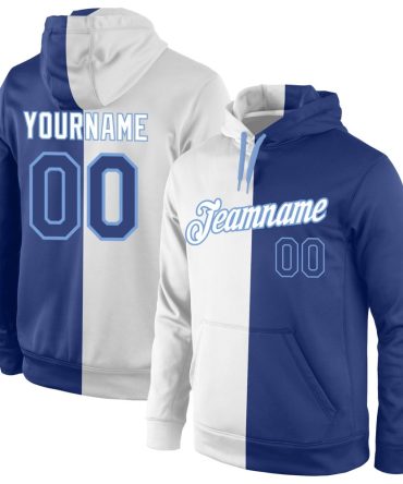 Custom White Royal-Light Blue Split Fashion Sports Pullover Sweatshirt Hoodie, Gift For Football, Baseball, Hockey, Basketball, Softball & Rugby Fans