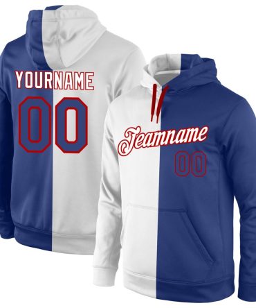 Custom White Royal-Red Split Fashion Sports Pullover Sweatshirt Hoodie, Gift For Football, Baseball, Hockey, Basketball, Softball & Rugby Fans