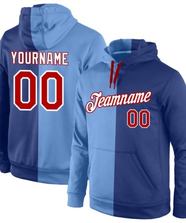 Custom Light Blue Red-Royal Split Fashion Sports Pullover Sweatshirt Hoodie, Gift For Football, Baseball, Hockey, Basketball, Softball & Rugby Fans