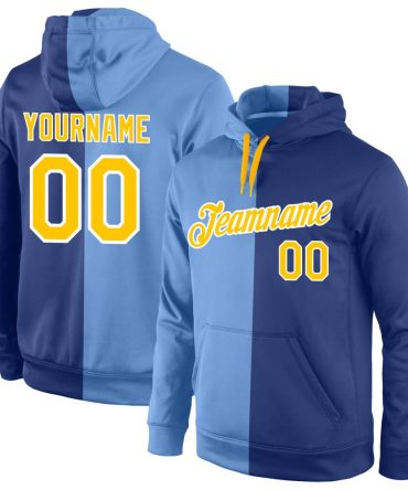 Custom Light Blue Gold-Royal Split Fashion Sports Pullover Sweatshirt Hoodie, Gift For Football, Baseball, Hockey, Basketball, Softball & Rugby Fans