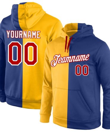 Custom Gold Red-Royal Split Fashion Sports Pullover Sweatshirt Hoodie, Gift For Football, Baseball, Hockey, Basketball, Softball & Rugby Fans