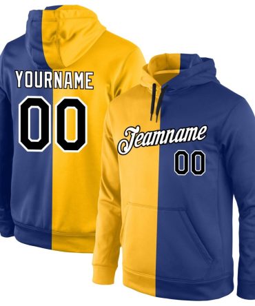 Custom Gold Black-Royal Split Fashion Sports Pullover Sweatshirt Hoodie, Gift For Football, Baseball, Hockey, Basketball, Softball & Rugby Fans