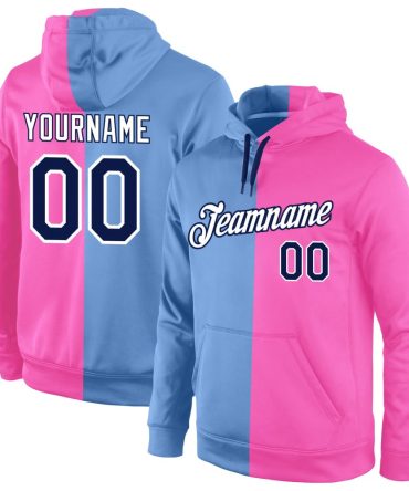 Custom Light Blue Navy-Pink Split Fashion Sports Pullover Sweatshirt Hoodie, Gift For Football, Baseball, Hockey, Basketball, Softball & Rugby Fans