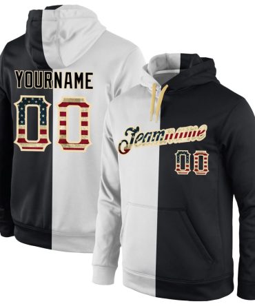 Custom White Vintage Usa Flag-Black Split Fashion Sports Pullover Sweatshirt Hoodie, Gift For Football, Baseball, Hockey, Basketball, Softball & Rugby Fans