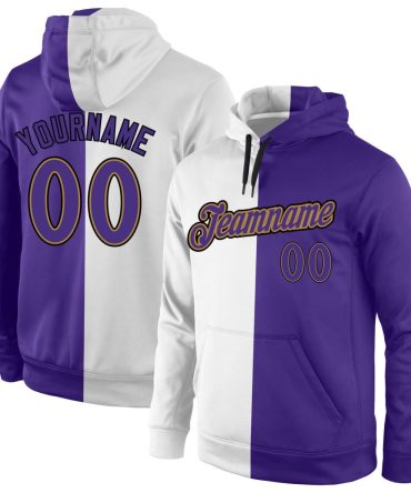 Custom White Purple-Old Gold Split Fashion Sports Pullover Sweatshirt Hoodie, Gift For Football, Baseball, Hockey, Basketball, Softball & Rugby Fans