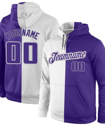 Custom White Purple-Gray Split Fashion Sports Pullover Sweatshirt Hoodie, Gift For Football, Baseball, Hockey, Basketball, Softball & Rugby Fans