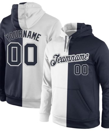 Custom White Navy Split Fashion Sports Pullover Sweatshirt Hoodie, Gift For Football, Baseball, Hockey, Basketball, Softball & Rugby Fans