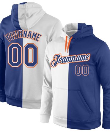 Custom White Royal-Orange Split Fashion Sports Pullover Sweatshirt Hoodie, Gift For Football, Baseball, Hockey, Basketball, Softball & Rugby Fans