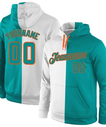 Custom White Aqua-Orange Split Fashion Sports Pullover Sweatshirt Hoodie, Gift For Football, Baseball, Hockey, Basketball, Softball & Rugby Fans