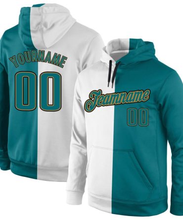 Custom White Aqua-Old Gold Split Fashion Sports Pullover Sweatshirt Hoodie, Gift For Football, Baseball, Hockey, Basketball, Softball & Rugby Fans