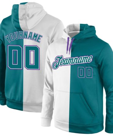 Custom White Aqua-Purple Split Fashion Sports Pullover Sweatshirt Hoodie, Gift For Football, Baseball, Hockey, Basketball, Softball & Rugby Fans