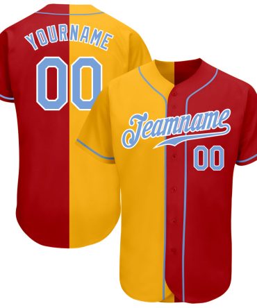 Custom Red Light Blue-Yellow Split Fashion Baseball Jersey, Gift For Baseball Fans