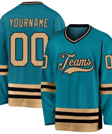 Custom Teal Old Gold-Black Hockey Jersey, Gift For Hockey Fans