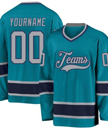 Custom Teal Gray-Navy Hockey Jersey, Gift For Hockey Fans
