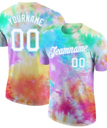 Custom Tie Dye White-Light Blue 3D Performance T-Shirt, For Football, Baseball, Hockey, Basketball, Softball & Rugby Fans