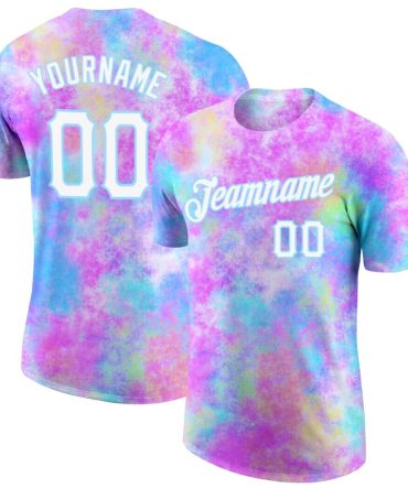 Custom Tie Dye Watercolor Gradient White-Light Blue 3D Performance T-Shirt, For Football, Baseball, Hockey, Basketball, Softball & Rugby Fans