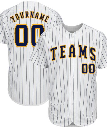Custom White Navy Pinstripe Navy-Gold Baseball Jersey, Gift For Baseball Fans