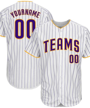 Custom White Purple Pinstripe Purple-Gold Baseball Jersey, Gift For Baseball Fans