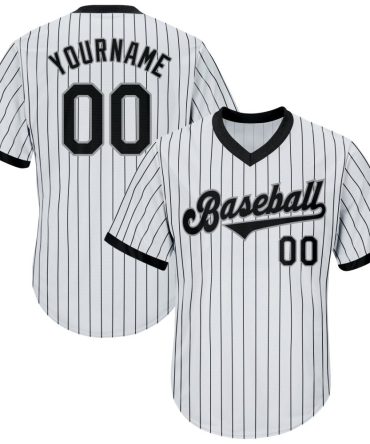 Custom White Black Pinstripe Black-Gray Rib-Knit Baseball Jersey, Gift For Baseball Fans Shirt