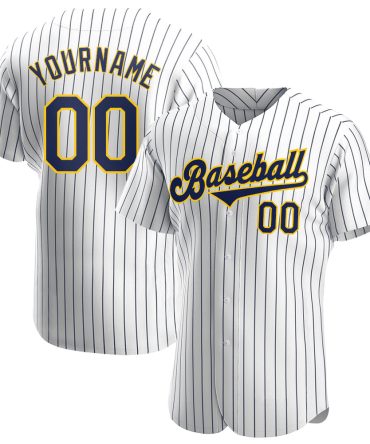 Custom White Navy Pinstripe Navy-Gold Baseball Jersey, Gift For Baseball Fans