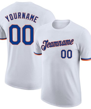 Custom White Royal-Orange Performance T-Shirt, For Football, Baseball, Hockey, Basketball, Softball & Rugby Fans