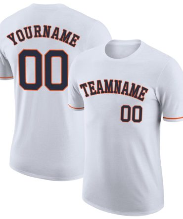 Custom White Navy-Orange Performance T-Shirt, For Football, Baseball, Hockey, Basketball, Softball & Rugby Fans