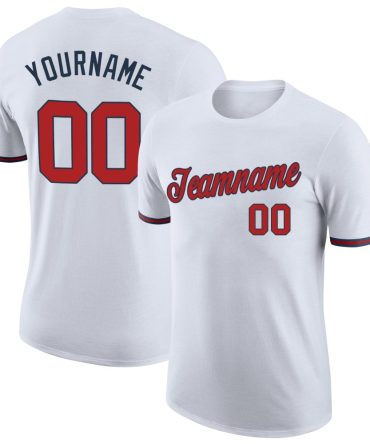 Custom White Red-Navy Performance T-Shirt, For Football, Baseball, Hockey, Basketball, Softball & Rugby Fans