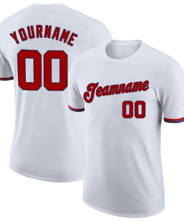 Custom White Red-Navy Performance T-Shirt, For Football, Baseball, Hockey, Basketball, Softball & Rugby Fans