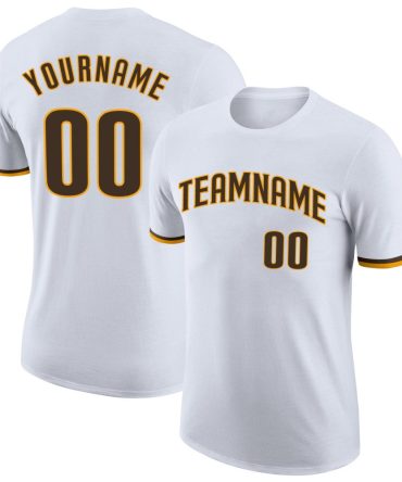 Custom White Brown-Gold Performance T-Shirt, For Football, Baseball, Hockey, Basketball, Softball & Rugby Fans
