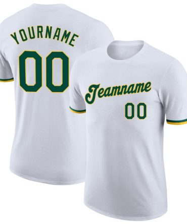 Custom White Green-Gold Performance T-Shirt, For Football, Baseball, Hockey, Basketball, Softball & Rugby Fans