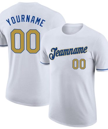Custom White Old Gold-Royal Performance T-Shirt, For Football, Baseball, Hockey, Basketball, Softball & Rugby Fans