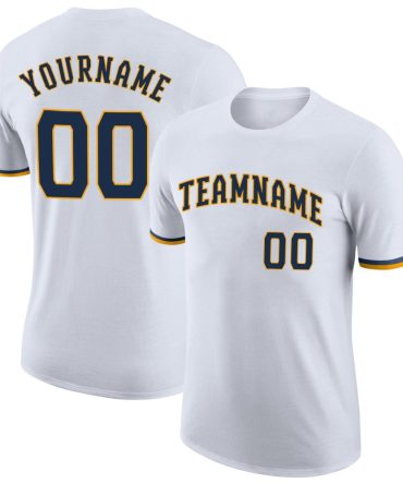 Custom White Navy-Gold Performance T-Shirt, For Football, Baseball, Hockey, Basketball, Softball & Rugby Fans