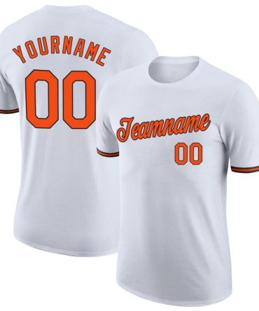 Custom White Orange-Black Performance T-Shirt, For Football, Baseball, Hockey, Basketball, Softball & Rugby Fans