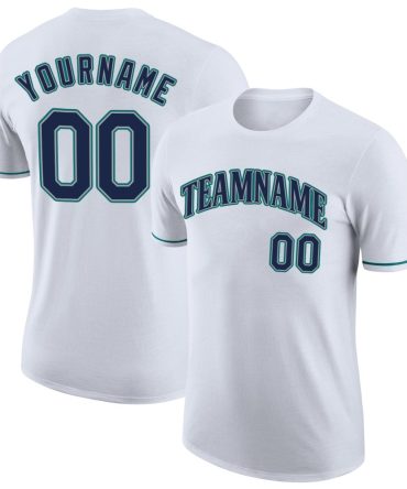 Custom White Navy-Aqua Performance T-Shirt, For Football, Baseball, Hockey, Basketball, Softball & Rugby Fans