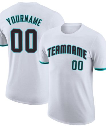 Custom White Black-Aqua Performance T-Shirt, For Football, Baseball, Hockey, Basketball, Softball & Rugby Fans