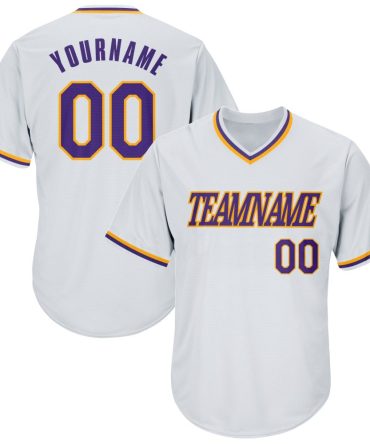 Custom White Purple-Gold Rib-Knit Baseball Jersey, Gift For Baseball Fans Shirt