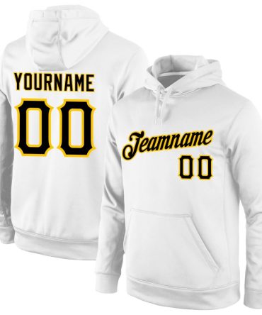 Custom White Black-Gold Sports Pullover Sweatshirt Hoodie, Gift For Football, Baseball, Hockey, Basketball, Softball & Rugby Fans