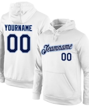 Custom White Navy-Light Blue Sports Pullover Sweatshirt Hoodie, Gift For Football, Baseball, Hockey, Basketball, Softball & Rugby Fans