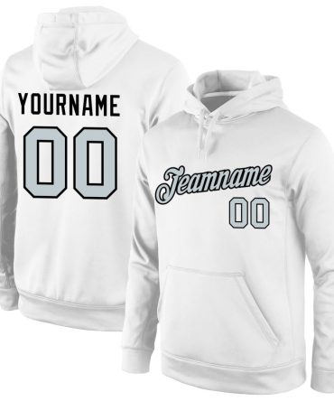 Custom White Silver-Black Sports Pullover Sweatshirt Hoodie, Gift For Football, Baseball, Hockey, Basketball, Softball & Rugby Fans