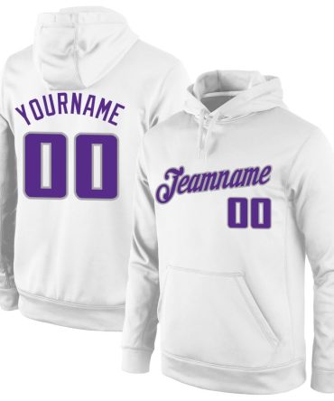 Custom White Purple-Gray Sports Pullover Sweatshirt Hoodie, Gift For Football, Baseball, Hockey, Basketball, Softball & Rugby Fans