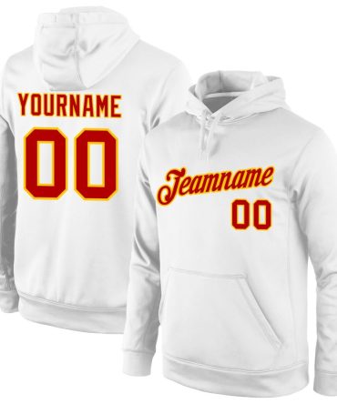 Custom White Red-Gold Sports Pullover Sweatshirt Hoodie, Gift For Football, Baseball, Hockey, Basketball, Softball & Rugby Fans