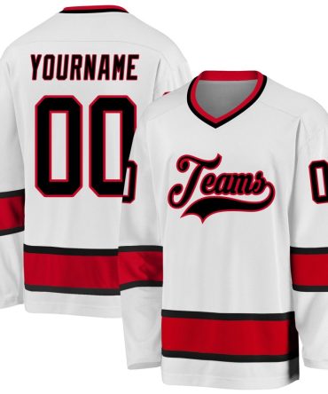 Custom White Black-Red Hockey Jersey, Gift For Hockey Fans
